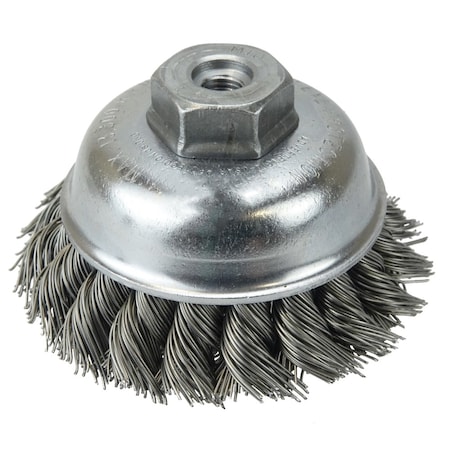 Weiler 3-1/2" Single Row Knot Wire Cup Brush .023" Steel Fill M10x1.25 Nut 13150